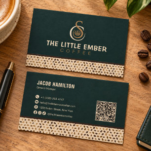 Cartão De Visita Design de QR Code para Café em Verde Escuro e Bege