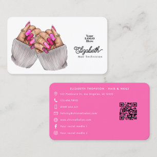 Cartão De Visita Design de Salão de Unhas Chic Rosa-Quente
