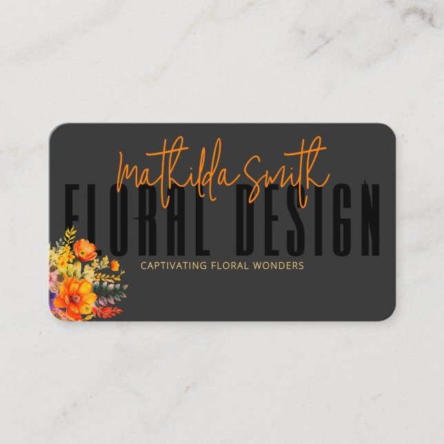 Cartão De Visita Design Floral Sofisticado Flores Laranja Preto (Frente)