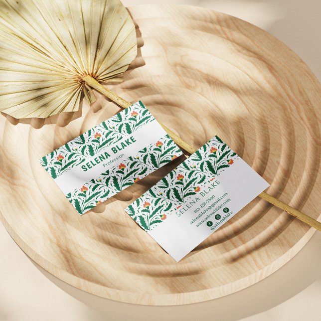 Cartão De Visita Design Floral Verde Elegante | Chic & Moderno (Criador carregado)