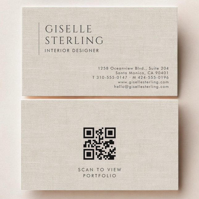 Cartão De Visita Designer de Interiores Código QR de Linho Neutro d (Criador carregado)