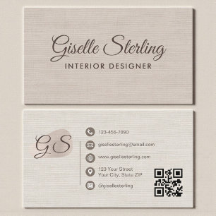 Cartão De Visita Designer de Interiores Código QR Elegante Bege em