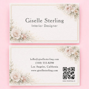 Cartão De Visita Designer de Interiores Código QR Floral Neutro