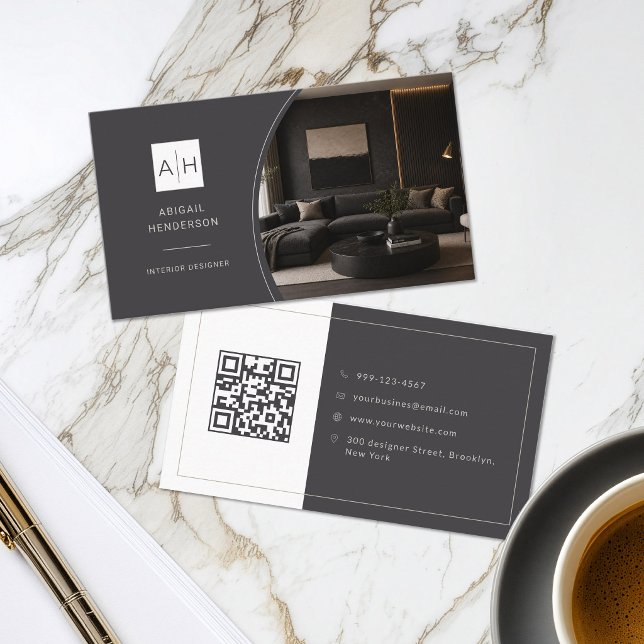 Cartão De Visita Designer de Interiores Código QR Foto Luxo (Criador carregado)
