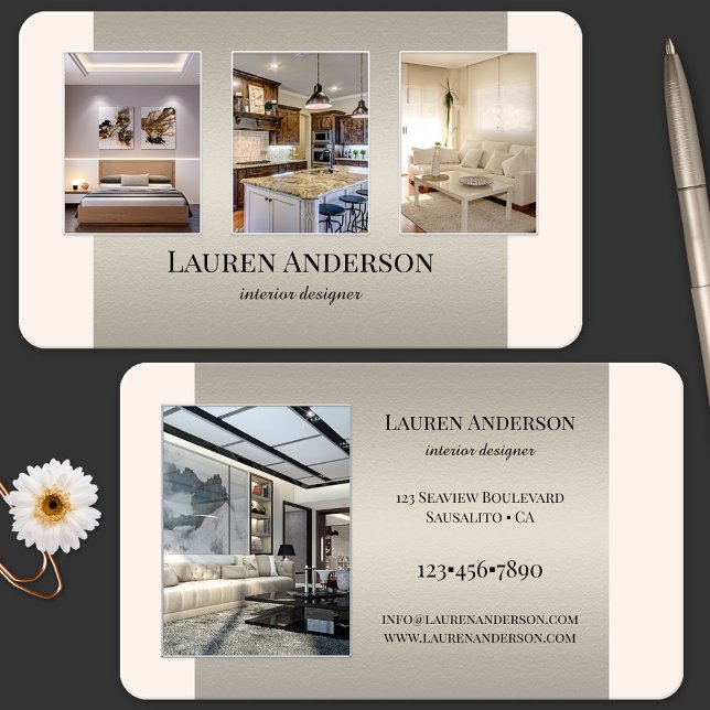Cartão De Visita Designer de Interiores de Portfólio (Portfolio interior design professional business card in tan metal with custom colors)