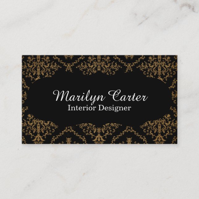 Cartão De Visita Designer de interiores elegante do damasco preto e (Frente)