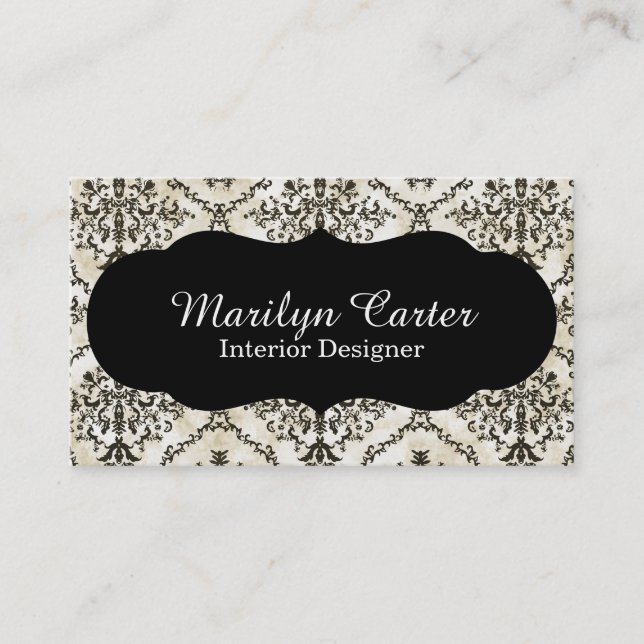 Cartão De Visita Designer de interiores elegante do damasco preto e (Frente)