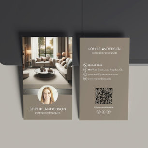 Cartão De Visita Designer de Interiores Foto QR Mídia Social Bege