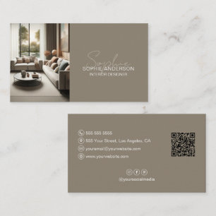 Cartão De Visita Designer de Interiores Moderno Taupe Foto QR