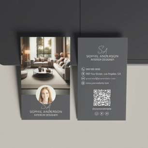 Cartão De Visita Designer de Interiores Monograma Foto QR Cinza