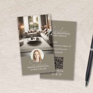 Cartão De Visita Designer de Interiores Nome do Script Foto QR Bege