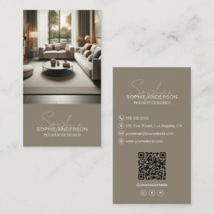 Cartão De Visita Designer de Interiores Nome do Script Foto QR Bege