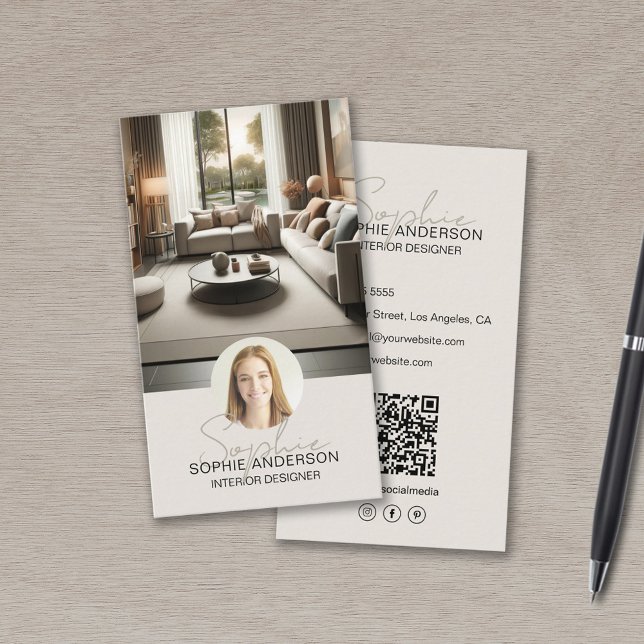 Cartão De Visita Designer de Interiores Nome Script Foto QR Tan (Interior Designer Script Name Photo QR Tan Business Card)