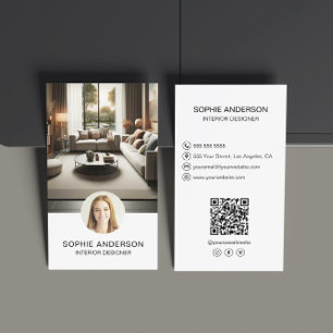 Cartão De Visita Designer de Interiores QR de Foto Personalizado Mí