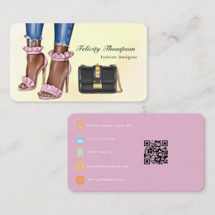 Cartão De Visita Designer de Moda Rosa e Dourado Código QR de Negóc
