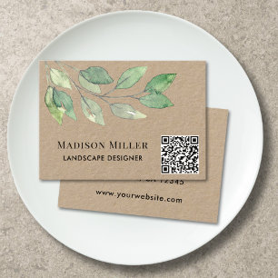 Cartão De Visita Designer de Paisagem Código QR Aquarela Verde