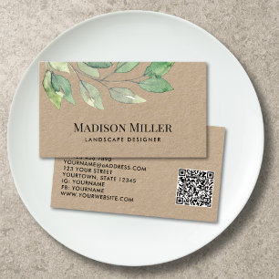 Cartão De Visita Designer de Paisagem Código QR Folhagem