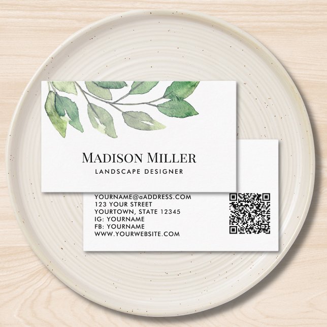 Cartão De Visita Designer de Paisagem QR Code Folhagem  (Criador carregado)
