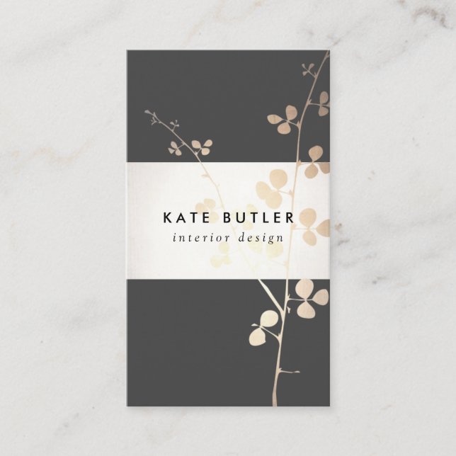 Cartão De Visita Designer Interno do Branch Negro Dourado Elegante (Frente)