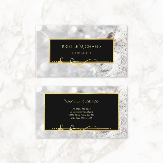 Cartão De Visita Diamantes brancos Elegante Salão de Cabelo de Fili (Elegant White Diamonds Gold Filigree Hair Salon Business Cards)