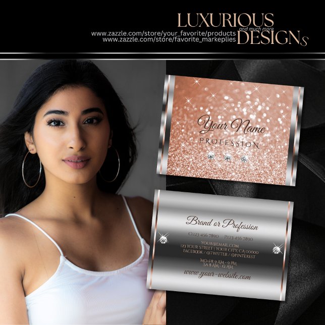 Cartão De Visita Diamantes Brilhantes Rosa de Prata de Luxo Dourado (Criador carregado)