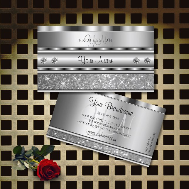 Cartão De Visita Diamantes de Monograma de Silver Espumante Nobre (Criador carregado)