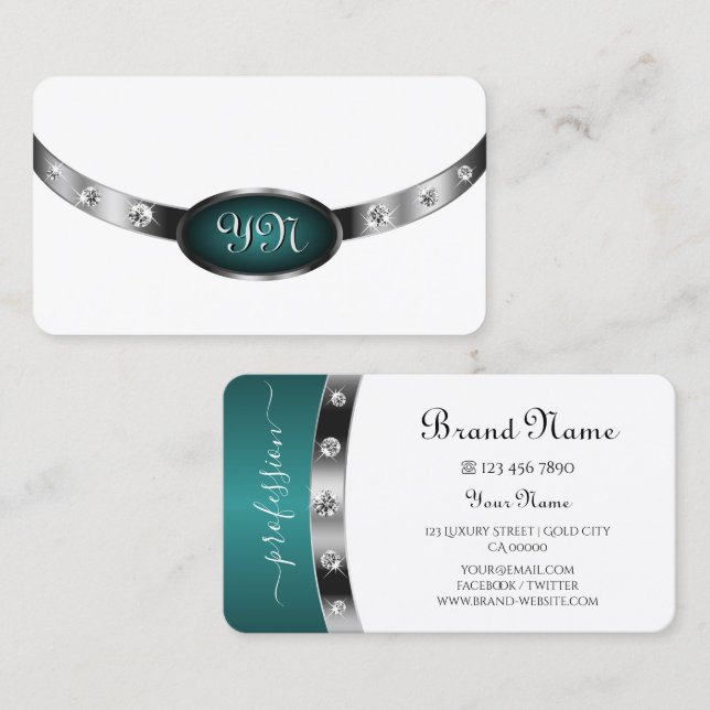 Cartão De Visita Diamantes de Teal de Prata Branca Moderna, Monogra (Frente/Verso)