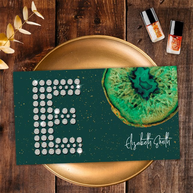 Cartão De Visita Diamantes Emerald Agate inicial E - Letra monogram (Front)