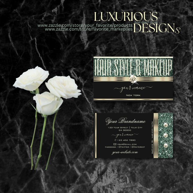 Cartão De Visita Diamantes Verde da Floresta Negra Dourada Moderna (Criador carregado)