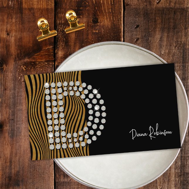 Cartão De Visita Diamond Dourado preto Monograma Inicial de Mídia S (Front)