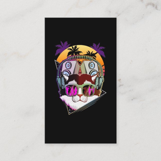 Cartão De Visita Disco Cat DJ Vaporwave Music Lover (Frente)