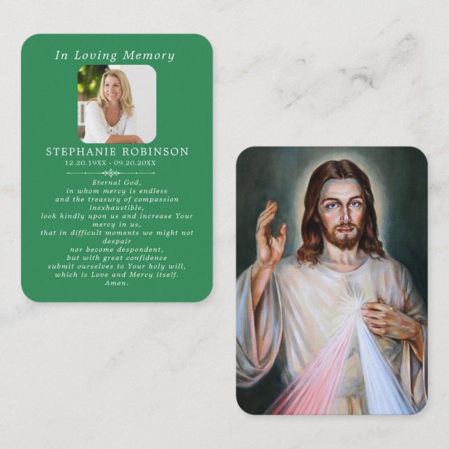 Cartão De Visita Divine Mercy Catholic Funeral Green Prayer Card (Frente/Verso)