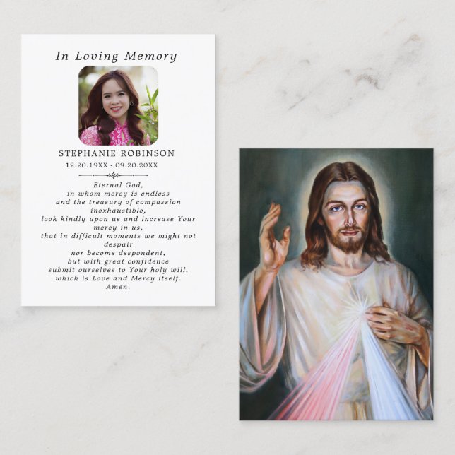 Cartão De Visita Divine Mercy Catholic Jesus Funeral Prayer Card (Frente/Verso)