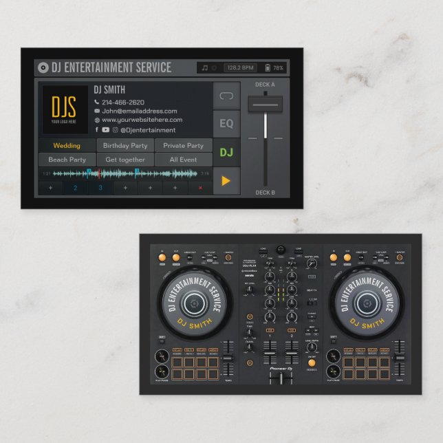 Cartão de visita DJ, serviço de eventos DJ, entret (Frente/Verso)