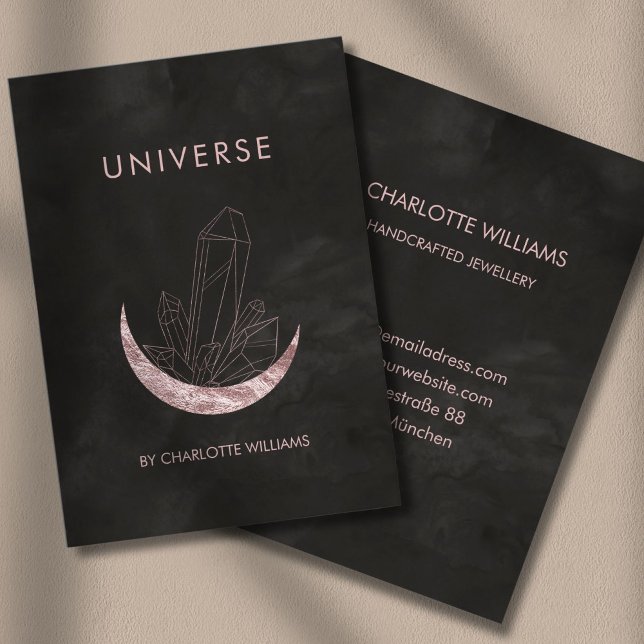 Cartão de visita do aquecedor de energia da Lua Cr (Moon Crystal Energy Healer Business Card - Black - Rose-Gold.)