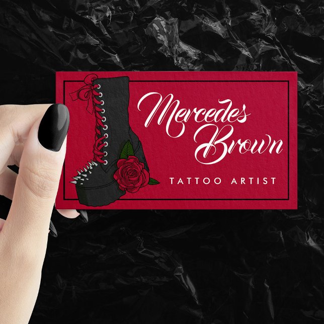 Cartão de visita do Artista de Tatuagem Vermelha d (Gothic Script Boot Red Tattoo Artist Business Card)