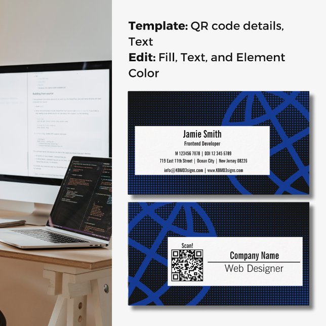 Cartão de visita do Designer de Web Azul Profissio (Professional Blue Web Designer Business Card, WWW symbol, QR code)