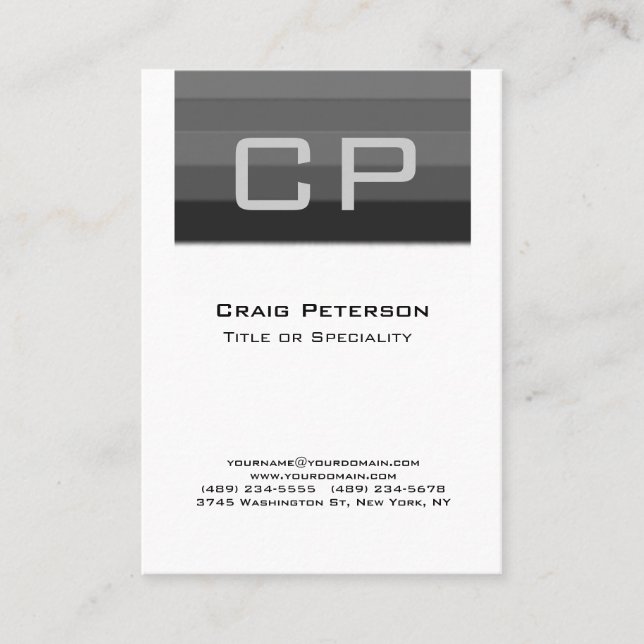 Cartão de visita do Monograma Branco Preto Vertica (Frente)