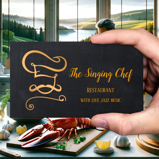 Cartão de visita do Restaurante do Quadro Dourado  (Business card featuring an elegant rose gold stylized chef design on a black chalkboard - restaurant)