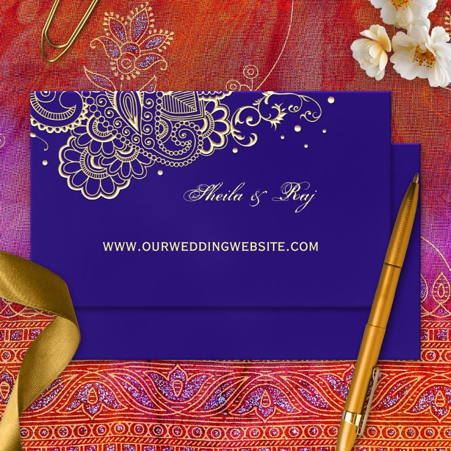 Cartão de visita do Site de Casamento Purple Doura (Wedding website card with a gold printed henna or lace design inspired by Moroccan and Indian art)