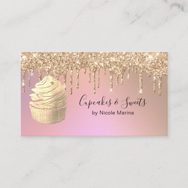 Cartão De Visita Doce de Cupcake de Lixo Dourado com Rosa de Luxo (Frente)