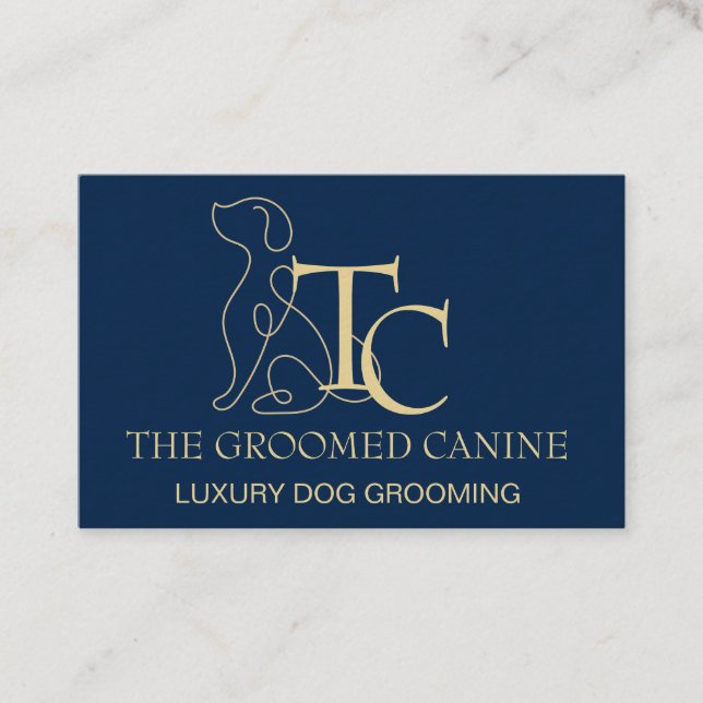 Cartão De Visita Dog Grooming Business Card Oxford Blue & Gold (Frente)