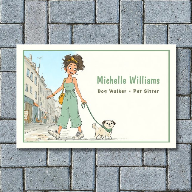Cartão De Visita Dog Walker | Pet Sitter | Garota Andando Cachorro (Front - Dog Walker - Pet Sitter - Girl Walking Dog Business Card)