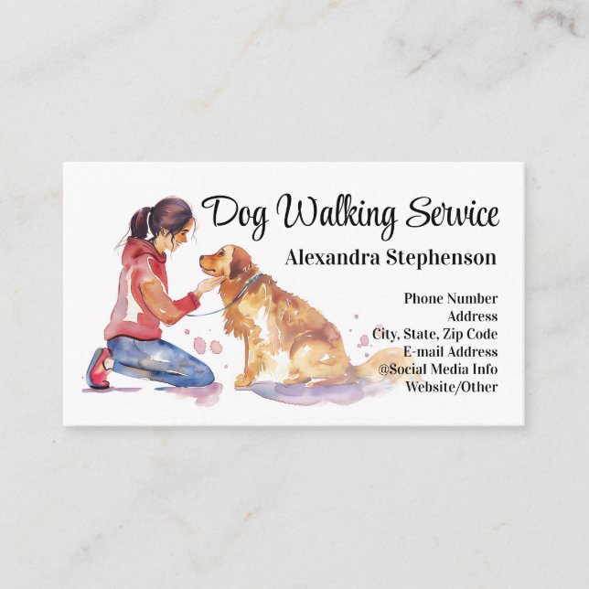 Cartão De Visita Dog Walking Service Pet Care Watercolor (Frente)