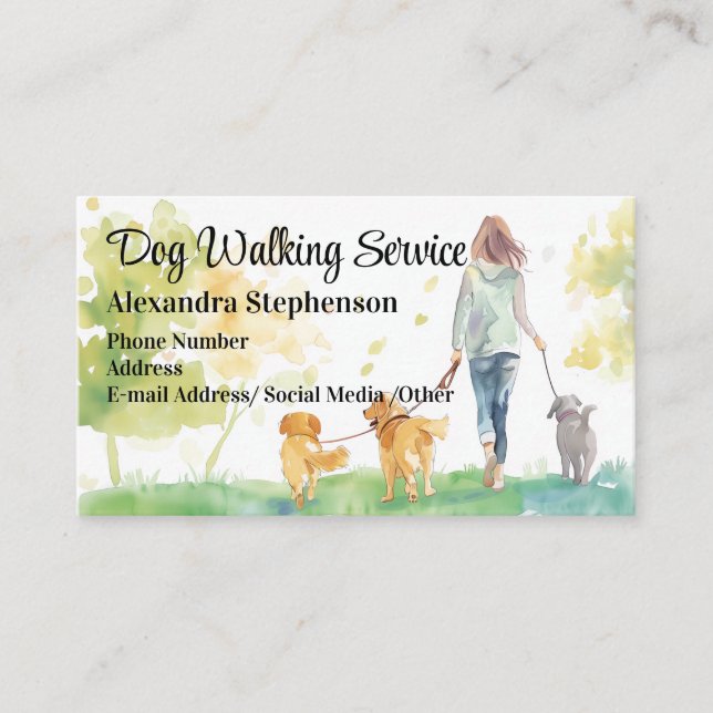 Cartão De Visita Dog Walking Service Pet Walker Watercolor (Frente)