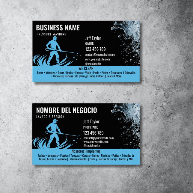 Cartão De Visita Dois idiomas: Lavando a pressão, lavando o tejadil (spanish and english bilingual power washing business cards, black and blue)