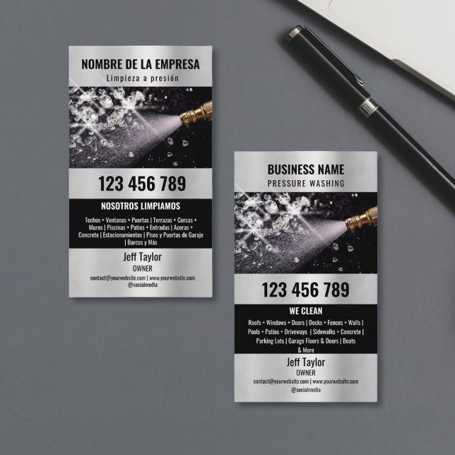 Cartão De Visita Dois idiomas: Lavando a pressão, lavando o tejadil (wash pressure machine with diamonds in the water splash)