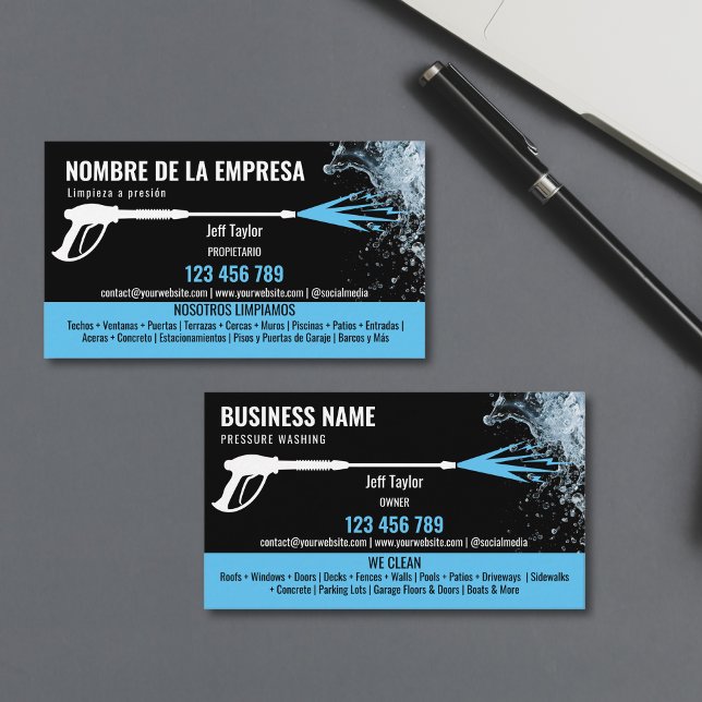 Cartão De Visita Dois idiomas: Lavando a pressão, lavando o tejadil (pressure washing business cards in spanish and english language)