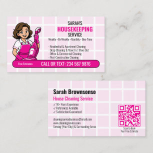 Cartão De Visita Dona de Limpeza de Desenho Animado Rosa QR Serviço