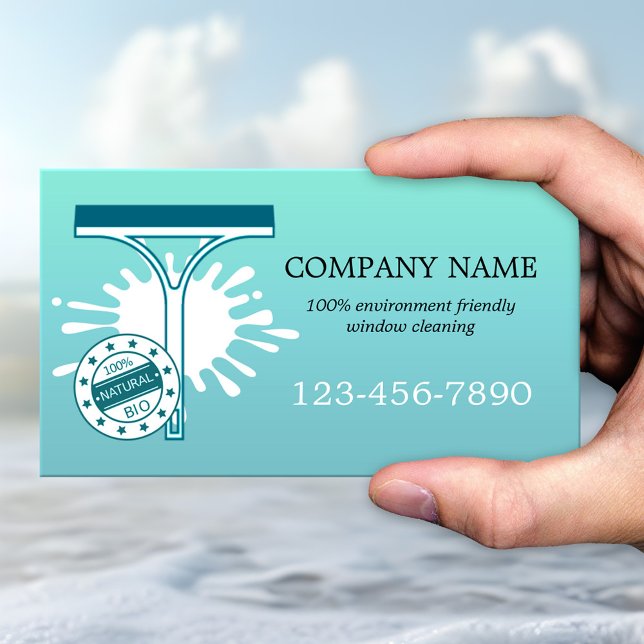 Cartão de visita dos Serviços de Limpeza de Janela (Business card featuring a simple turquoise teal design with an eco-friendly window cleaner theme)
